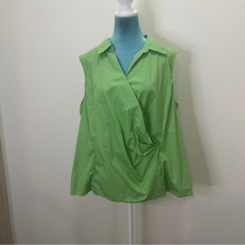 Talbots sleeveless mock wrap Blouse side zipper Green White Polka Dot 20WP